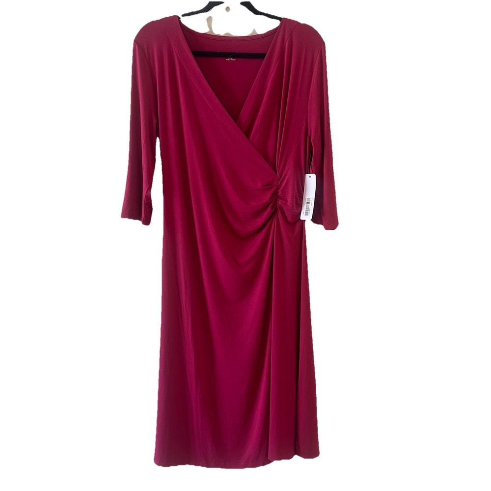 NWT Soft Surroundings Magenta Pink Faux Wrap Ruched Midi Dress 3/4 Sleeve Sz L